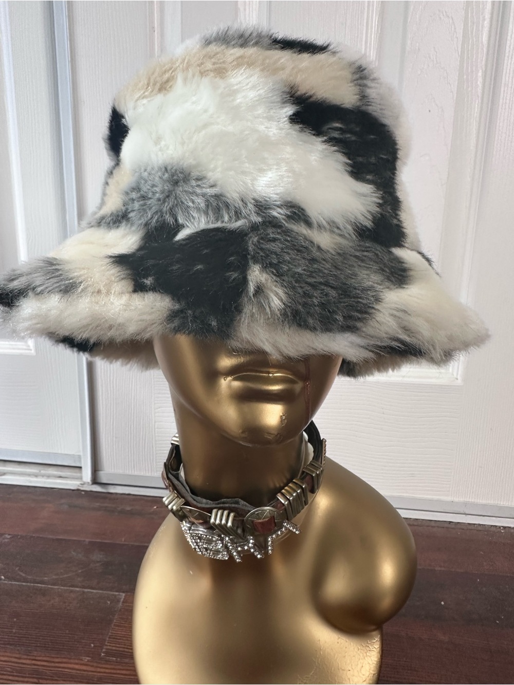 Faux Fur Bucket Hat in Black, White & Gray - Women's Accessory